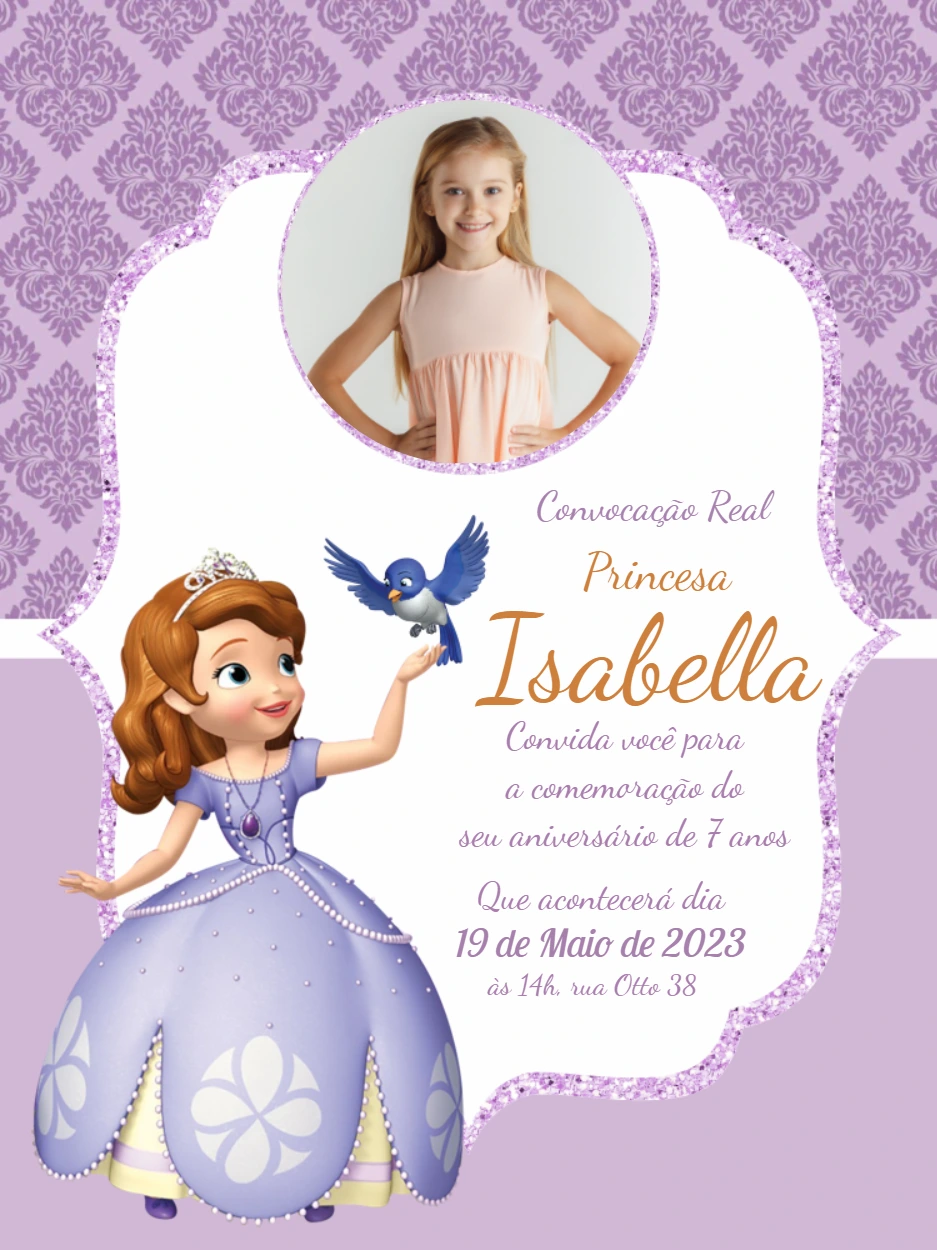Convite Aniversário Princesinha Sofia com Foto para Editar Online