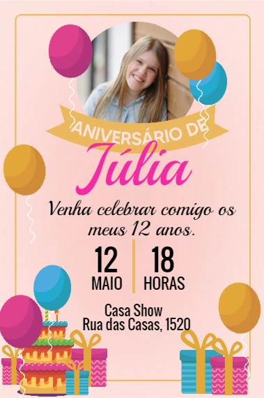 Convite de Aniversário com Foto e Balões para Editar Online