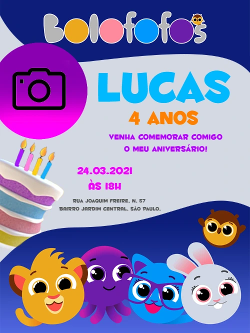 Convite Aniversário Bolofofos com Foto para Editar Online