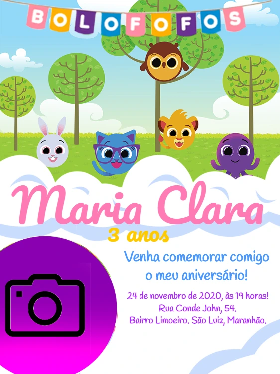 Convite de Aniversário Bolofofos com Foto para Editar Online