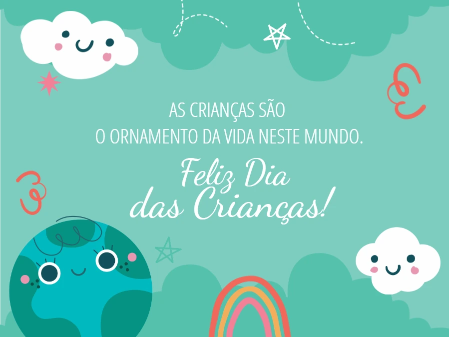 Cartão Dia das Crianças com Planeta e Nuvens para Editar