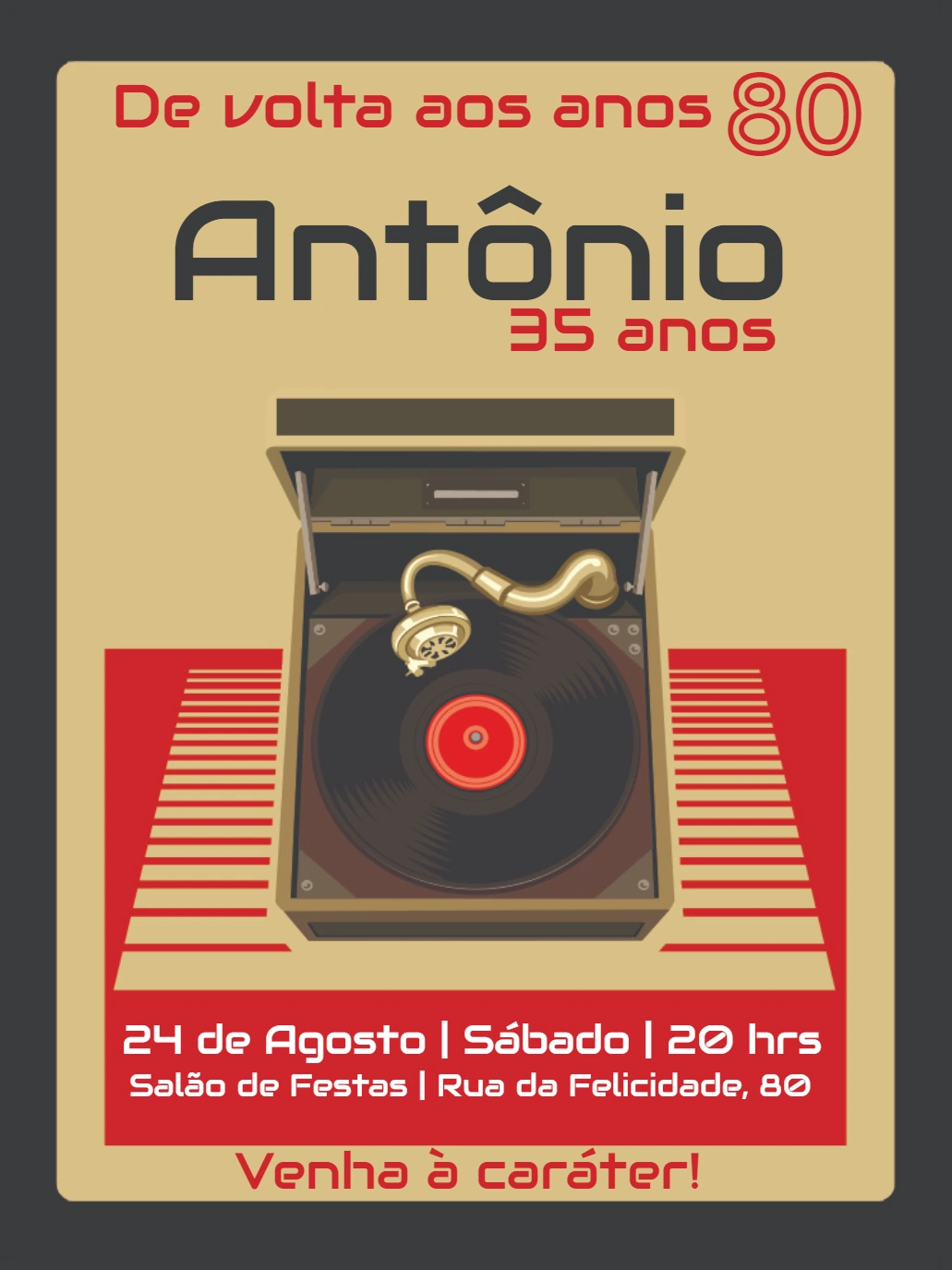 Convite Aniversário Anos 80 Retrô com Vitrola para Editar