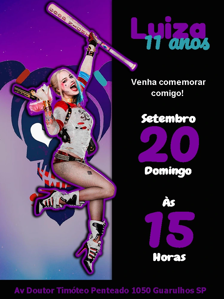 Convite de Aniversário Arlequina para Editar Online