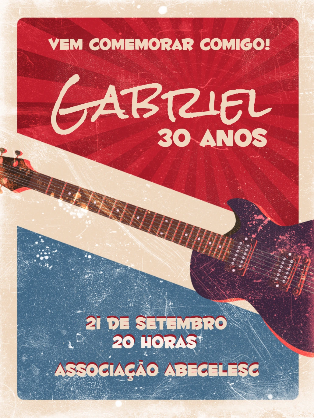 Convite Aniversário Retrô com Guitarra para Editar Online