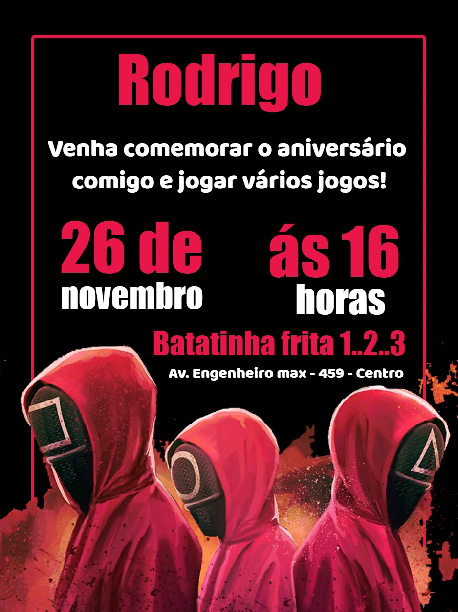 Convite de Aniversário Round 6 com Personagens para Editar Online