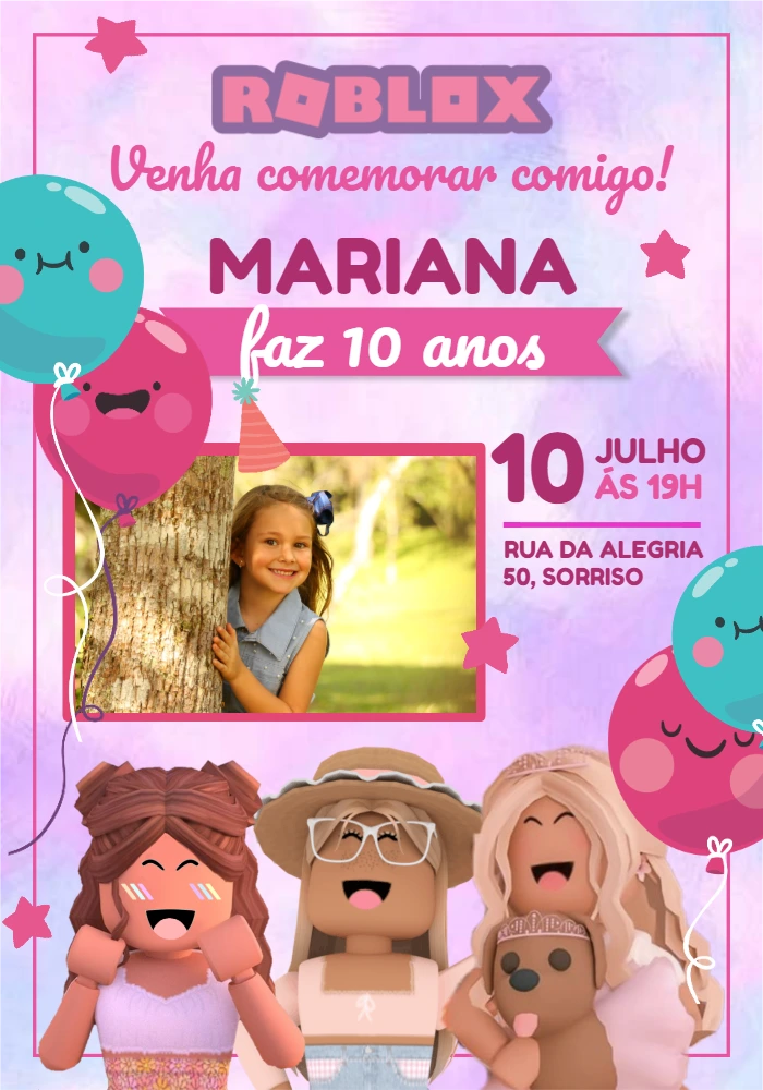 Convite Roblox de Aniversário com Foto para Menina Editável