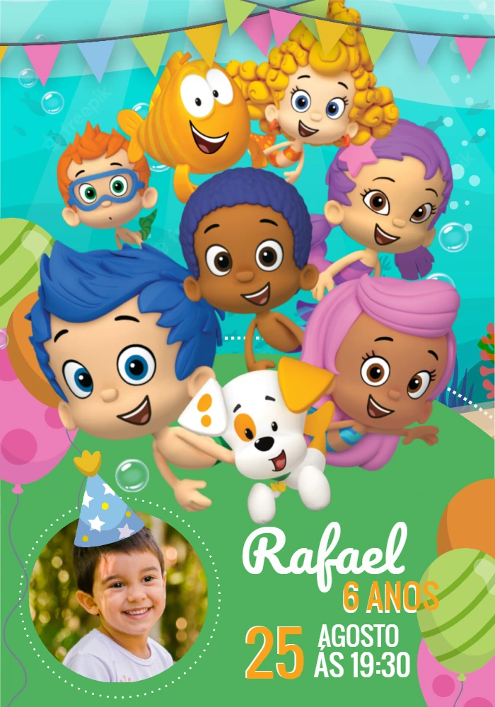 Convite Aniversário Bubble Guppies com Foto para Editar Online