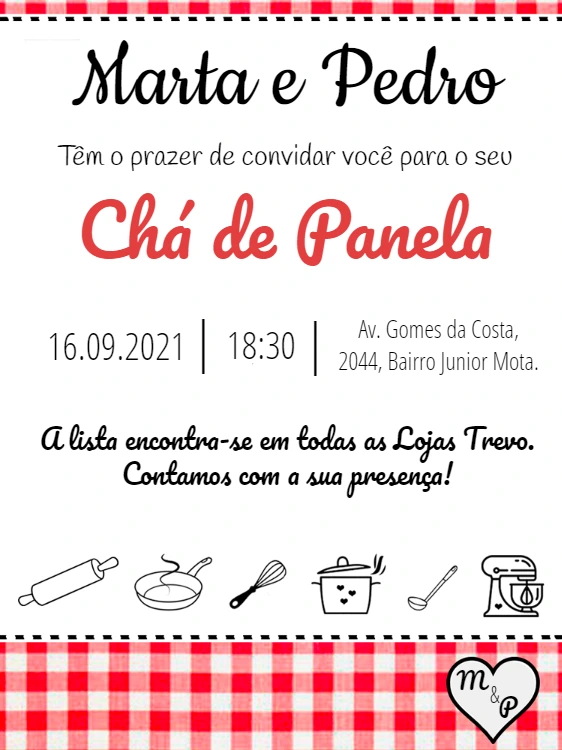 Convite Chá de Panela Xadrez e Utensílios para Editar Online