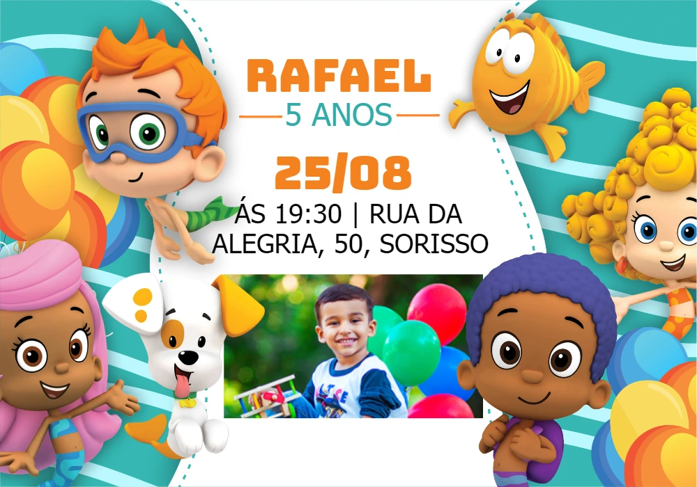 Convite Aniversário Bubble Guppies com Foto para Editar