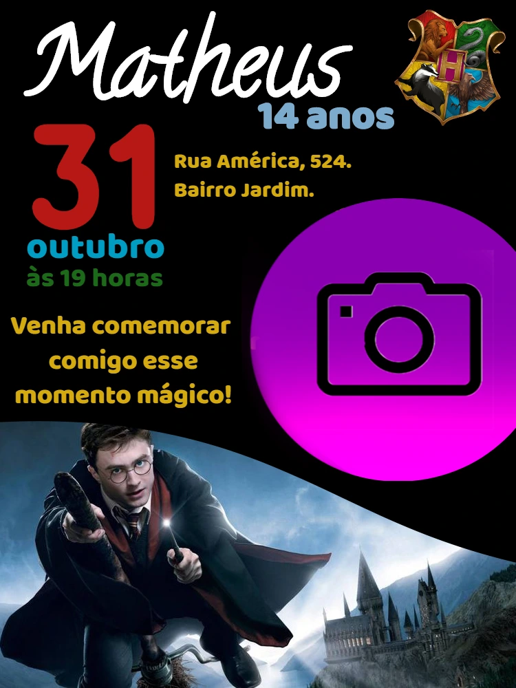 Convite Aniversário Harry Potter com Foto para Editar Online