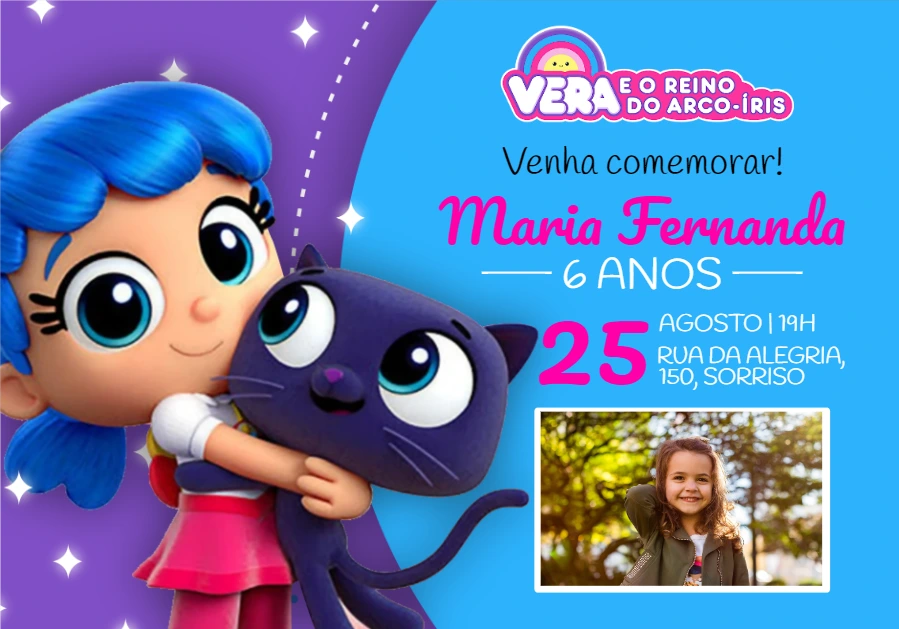 Convite Vera e o Reino do Arco-Íris com Foto para Editar