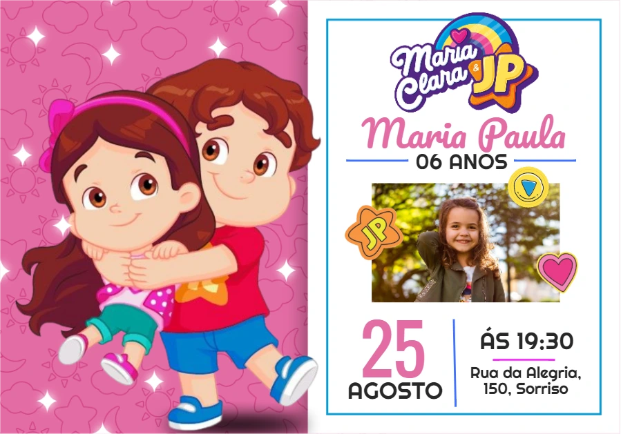 Convite Aniversário Maria Clara e JP com Foto para Editar Online