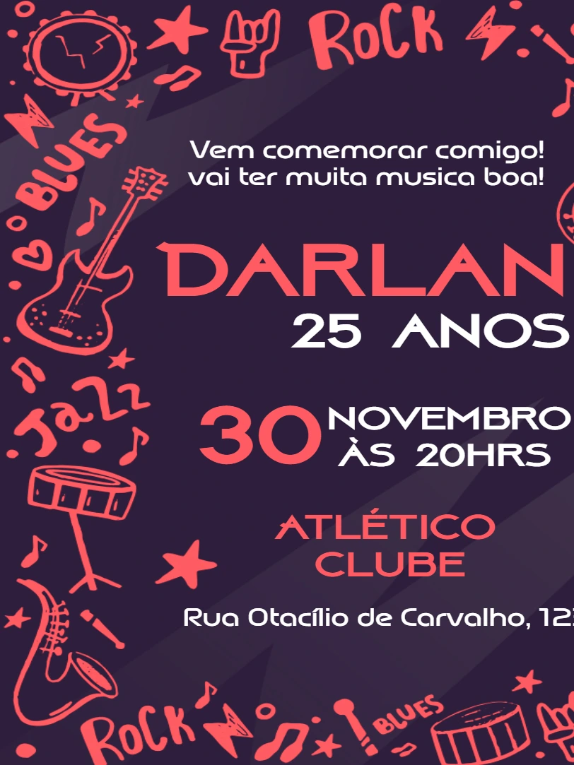 Convite de Aniversário Rock n Roll para Editar Online