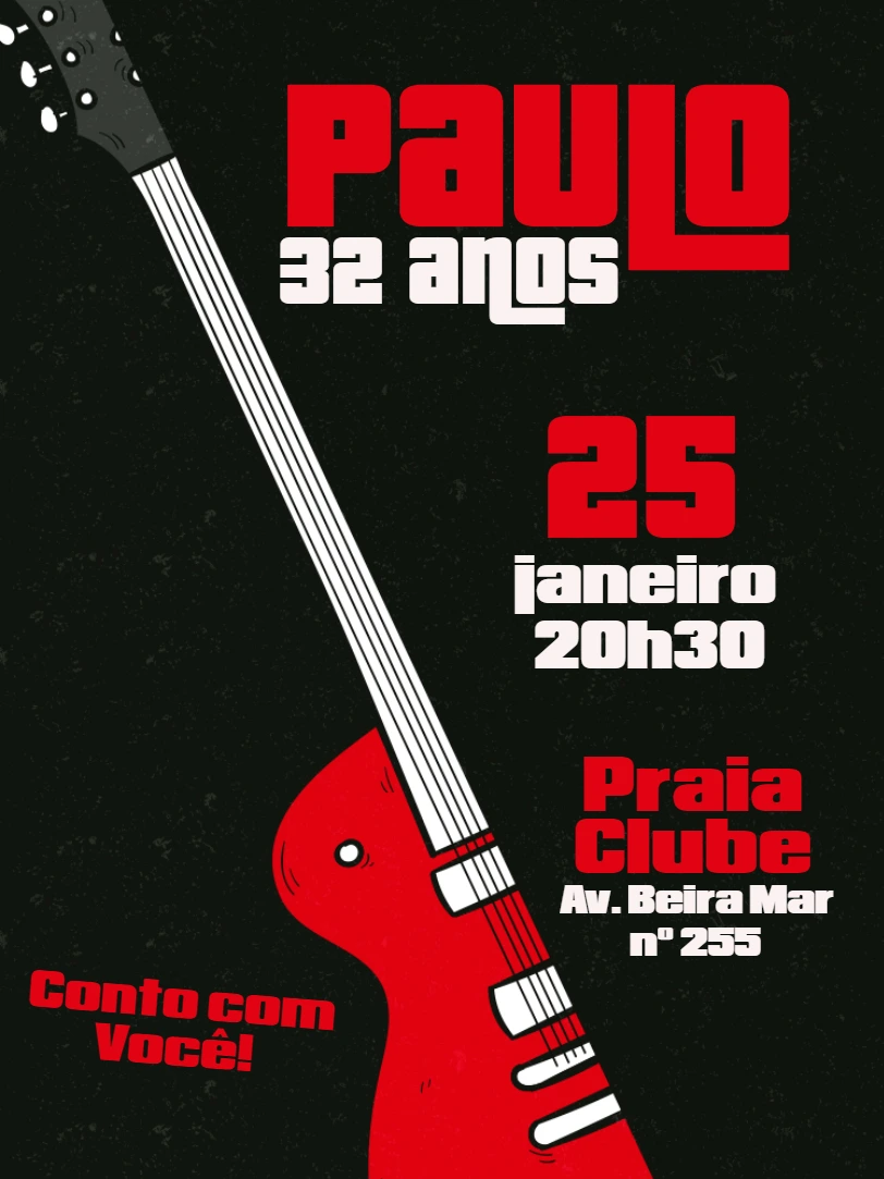 Convite de Aniversário Guitarra Rock para Editar Online