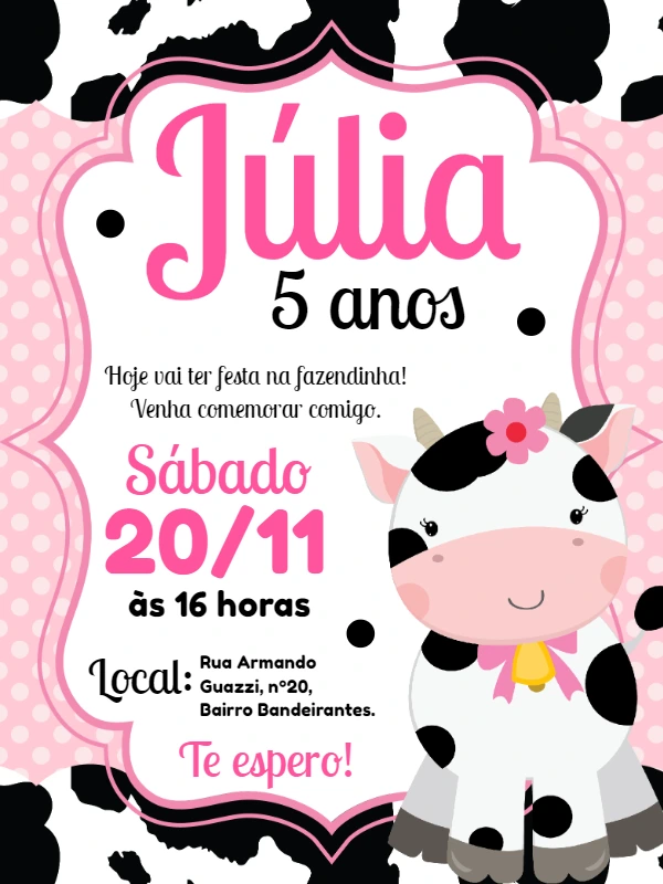 Convite Aniversário Vaquinha Rosa Editável Online