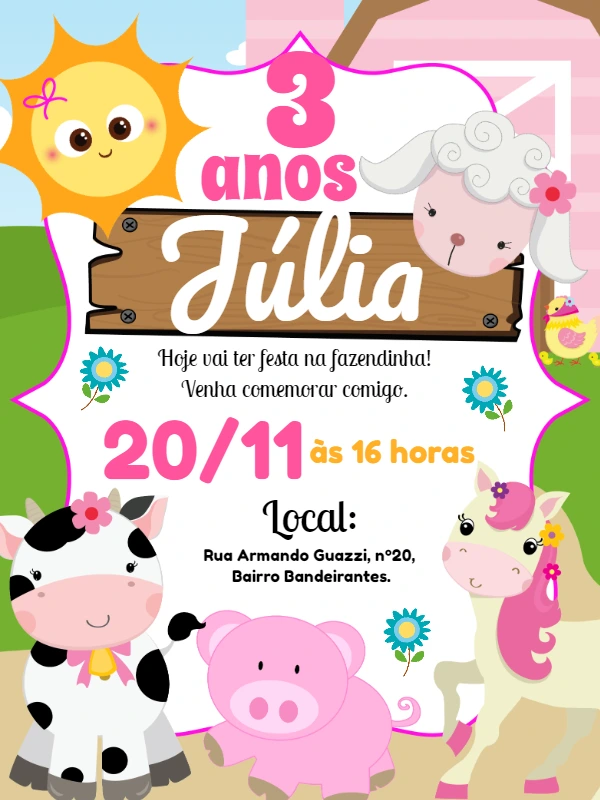 Convite Aniversário Fazendinha Rosa com Animais para Editar