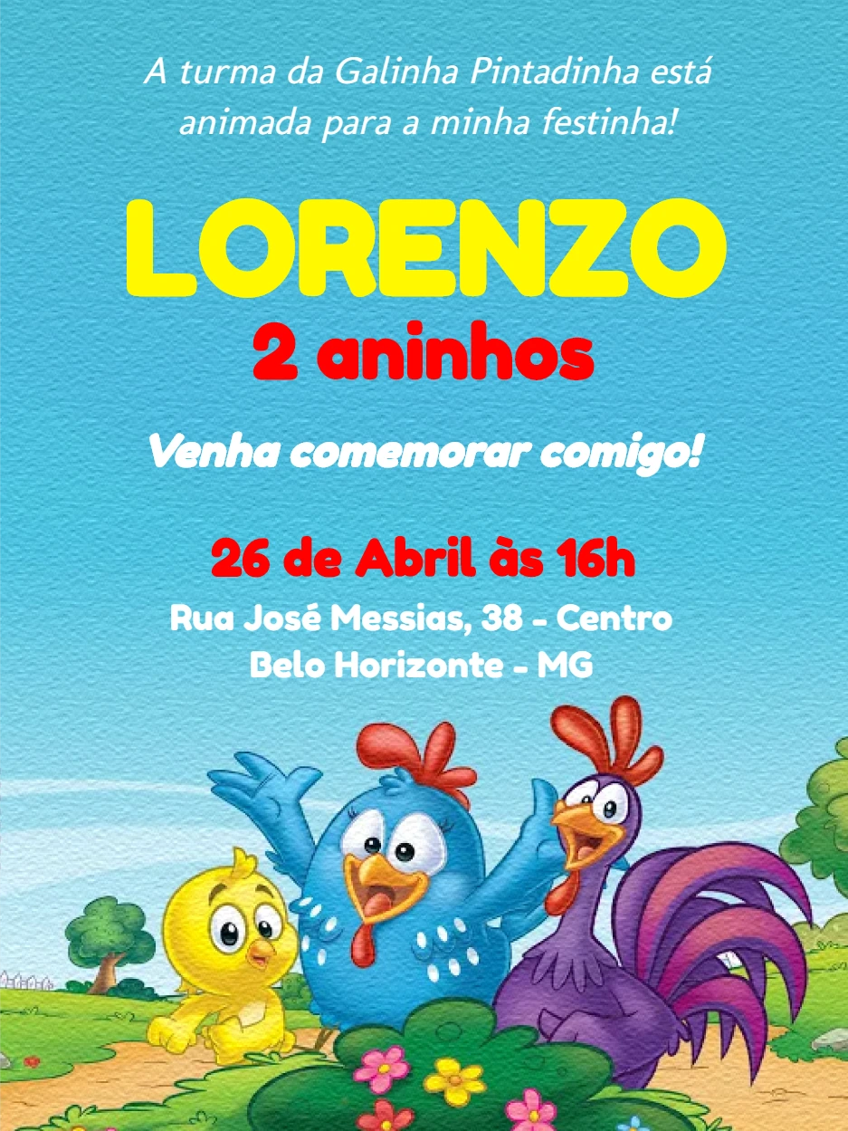 Convite de Aniversário Galinha Pintadinha para Editar Online