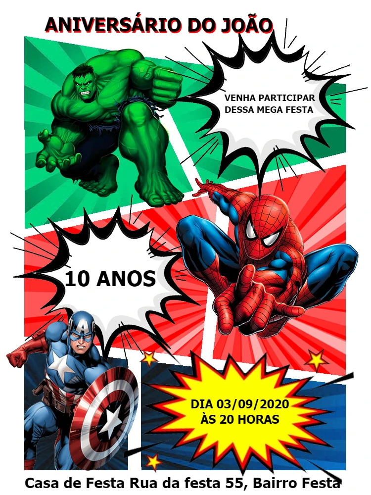 Convite de Aniversário Vingadores Heróis para Editar Online