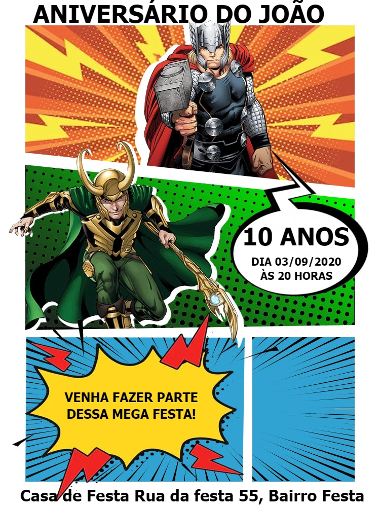 Convite de Aniversário Thor e Loki Estilo Gibi para Editar