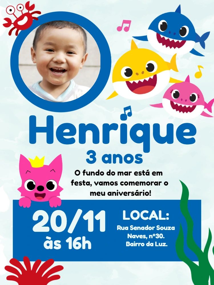 Convite Aniversário Baby Shark com Foto para Editar Online