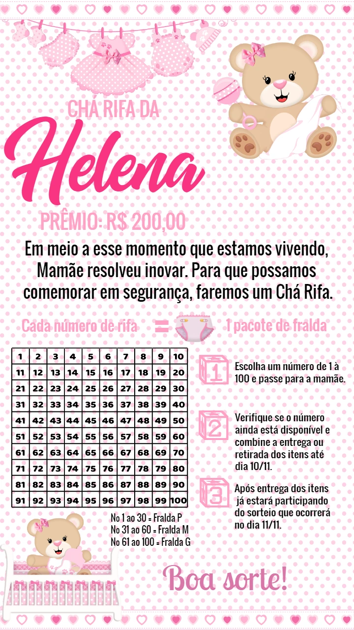 Convite Chá Rifa Ursinha Princesa para Editar Online