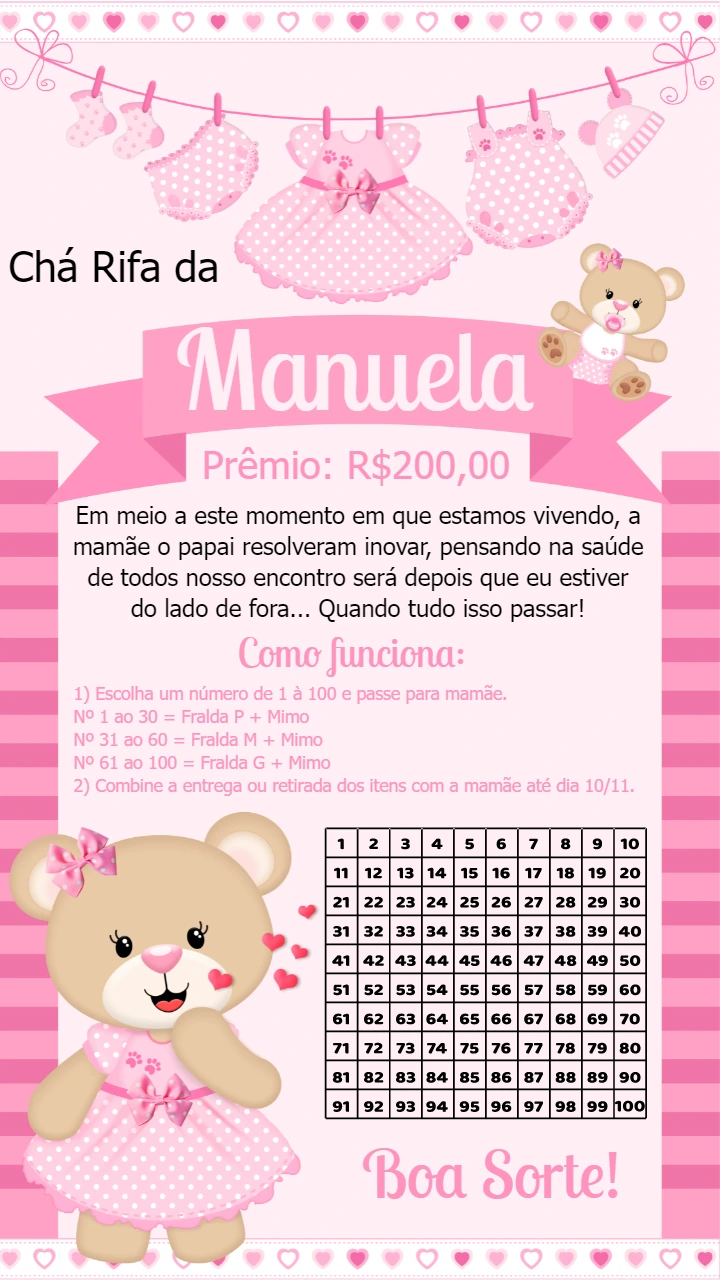Convite Chá Rifa Ursinha Princesa para Editar Online