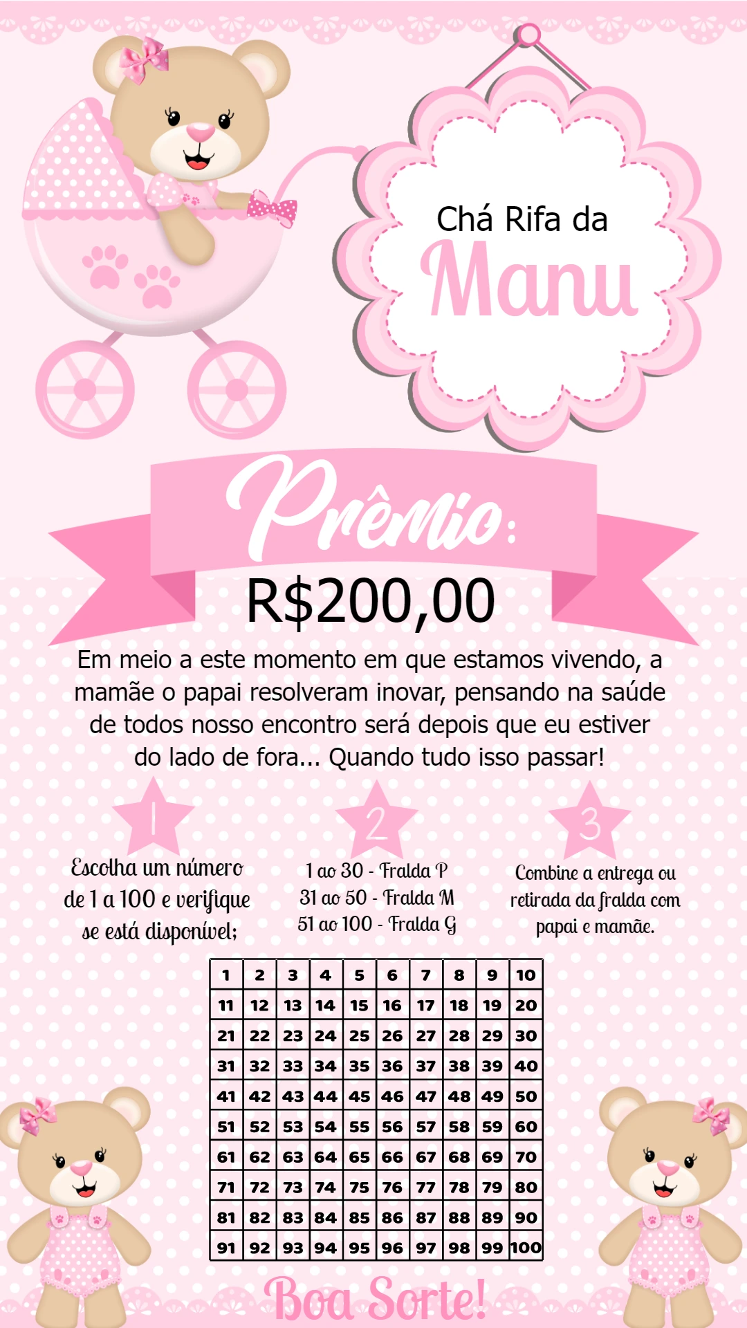 Convite Chá Rifa Ursinha Princesa para Editar Online