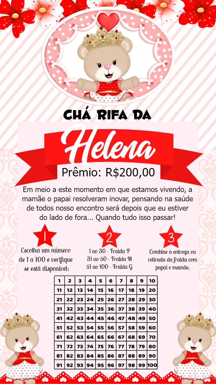 Convite Chá Rifa Ursinha Princesa para Editar Online