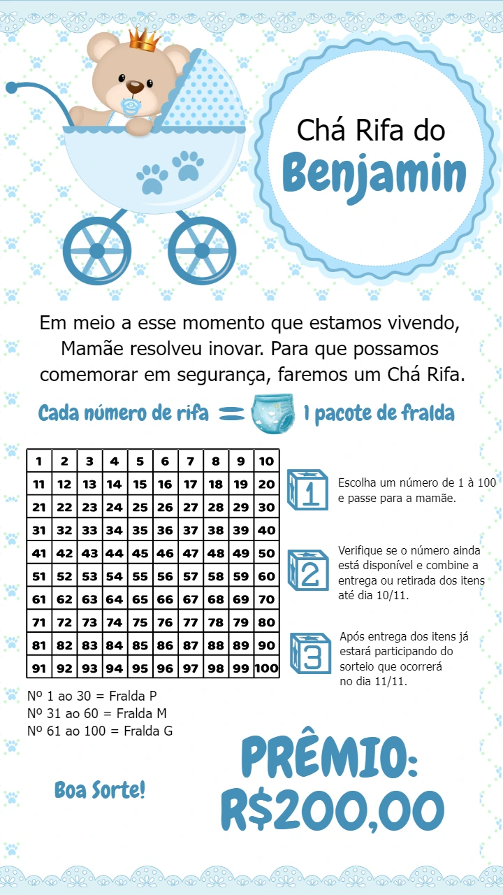 Convite Chá Rifa Ursinho Príncipe para Editar Online