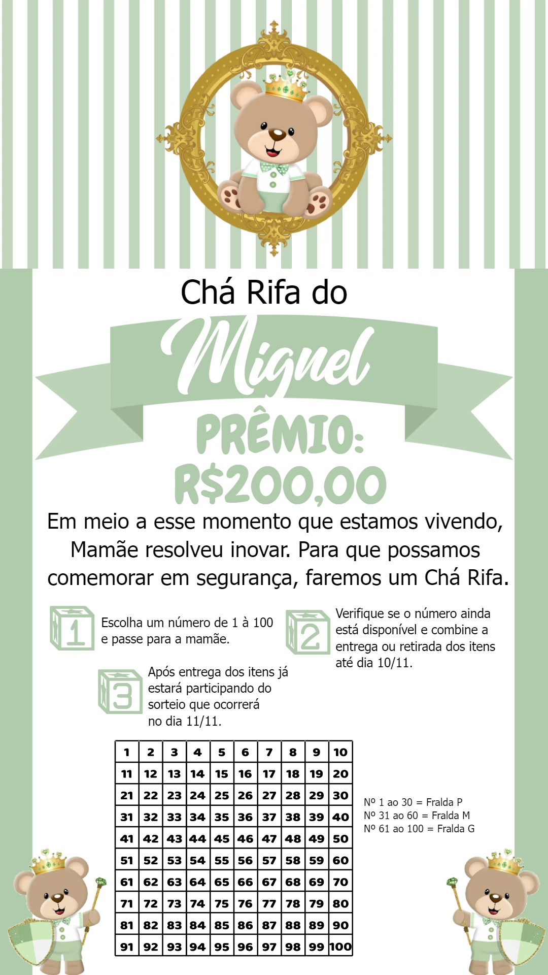 Convite Chá Rifa Ursinho Príncipe para Editar Online