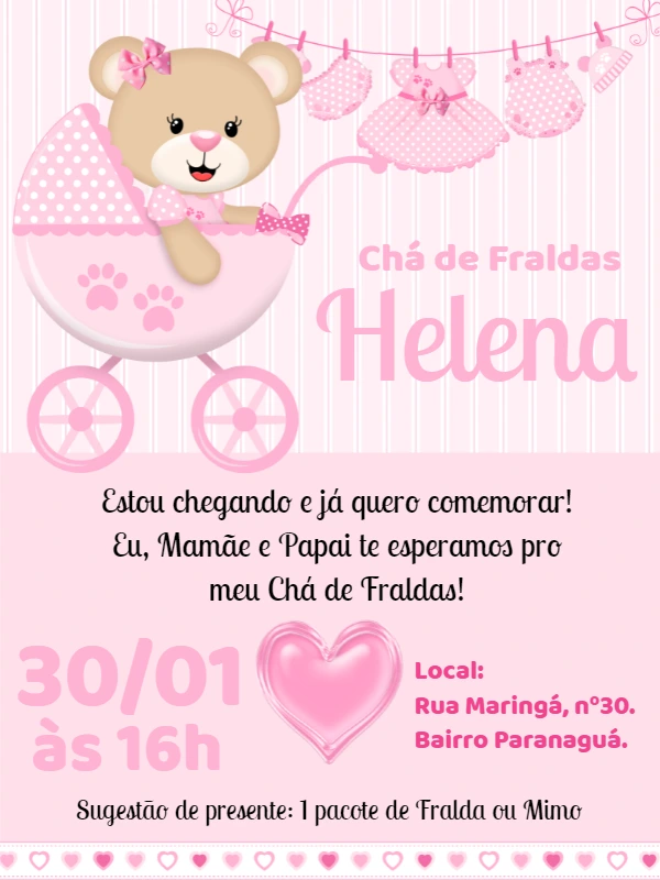 Convite Chá de Fraldas Ursinha Princesa para Editar Online