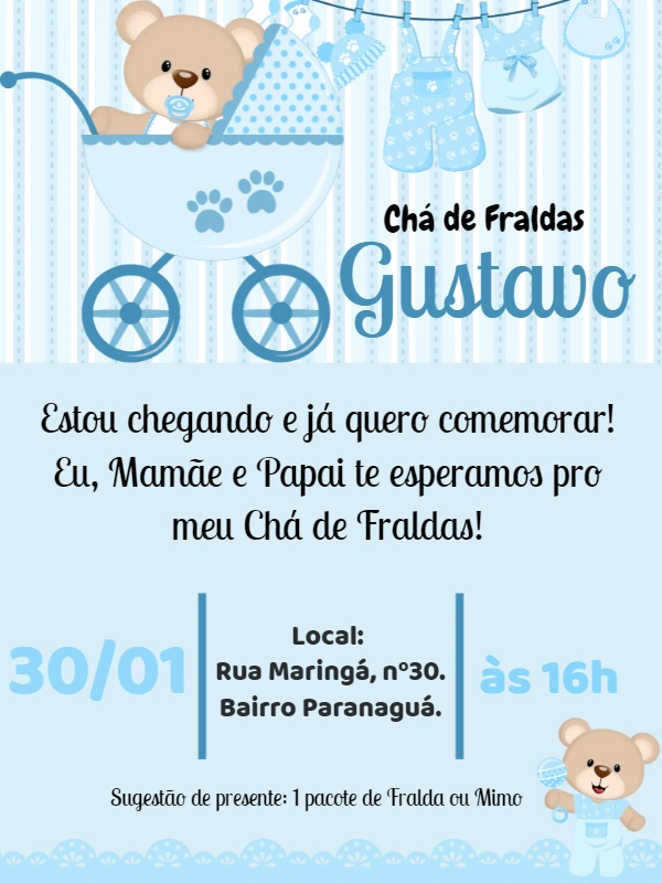 Convite Chá de Fraldas Ursinho Azul para Editar Online