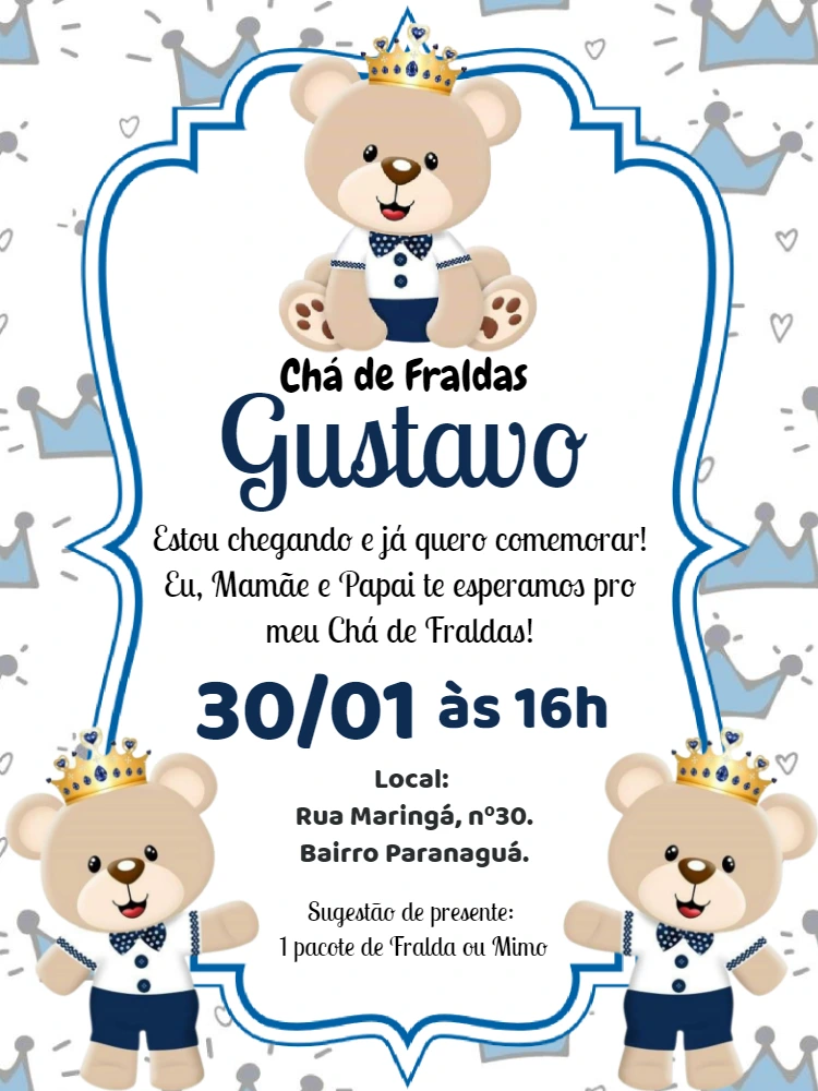 Convite Chá de Bebê Ursinho Príncipe para Editar Online