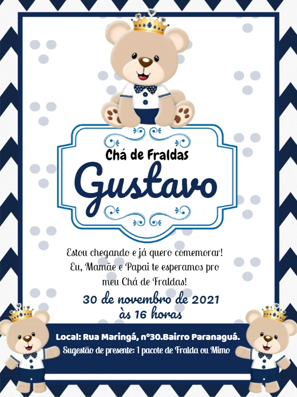 Convite Chá de Fraldas Ursinho Príncipe para Editar Online