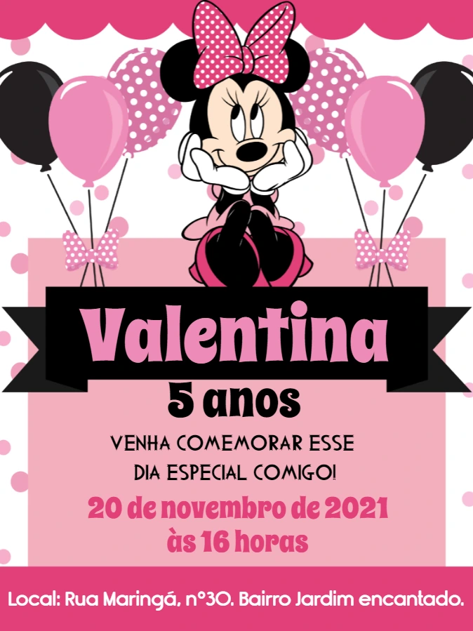 Convite de Aniversário Minnie Mouse Rosa para Editar Online