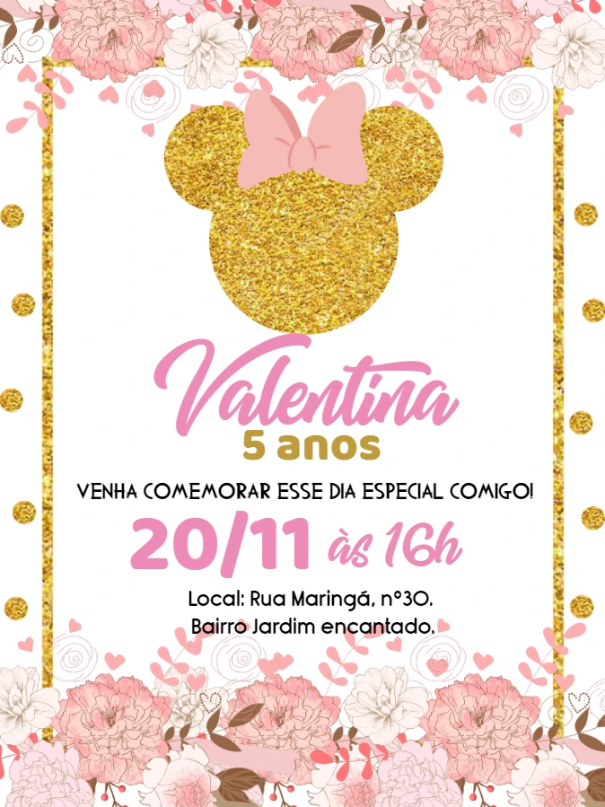 Convite Aniversário Minnie Rosa e Dourado Floral para Editar Online