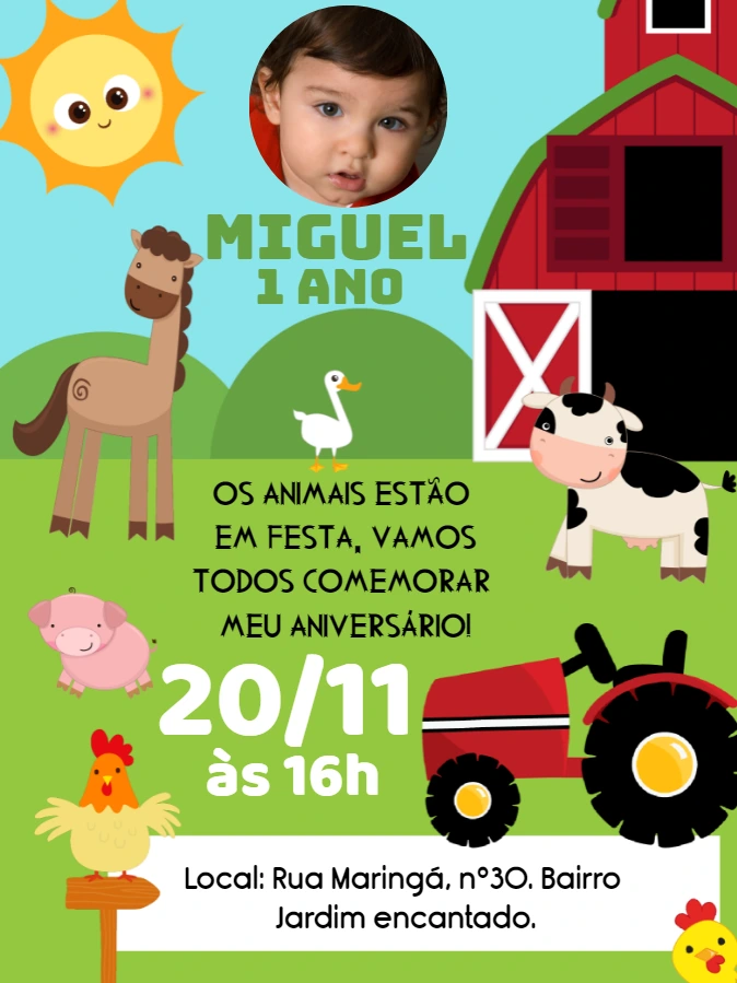 Convite Aniversário Fazendinha com Foto para Editar Online