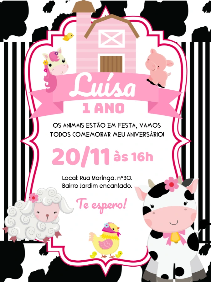 Convite Aniversário Fazendinha Rosa com Animais para Editar