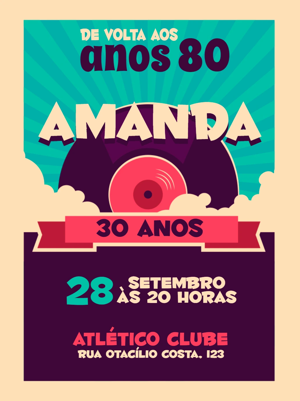 Convite de Aniversário Anos 80 Retrô para Editar Online