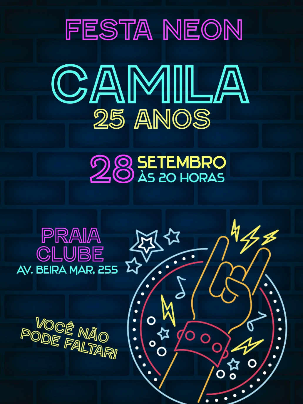 Convite de Aniversário Festa Neon para Editar Online