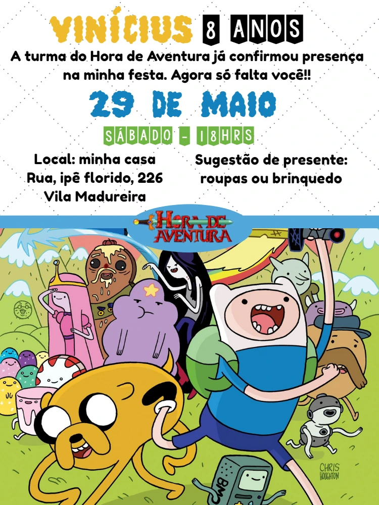 Convite Aniversário Hora de Aventura com Finn e Jake para Editar