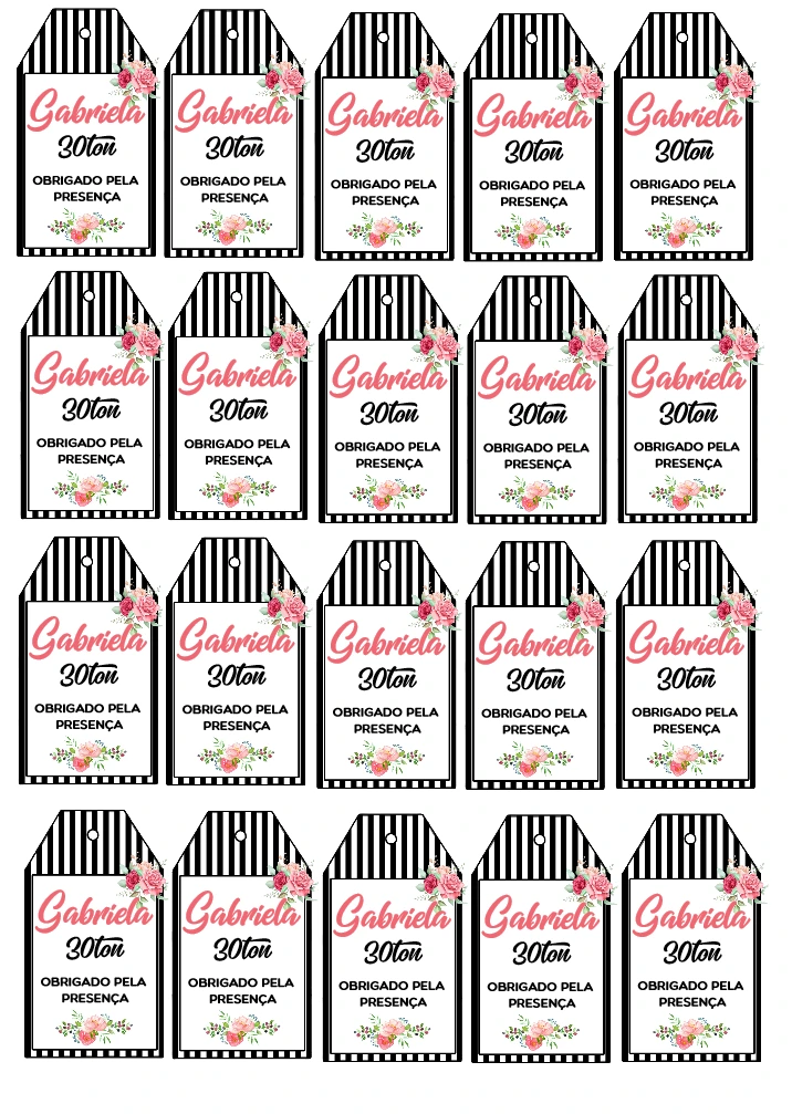 Tag de Agradecimento Aniversário Floral Listrado para Editar