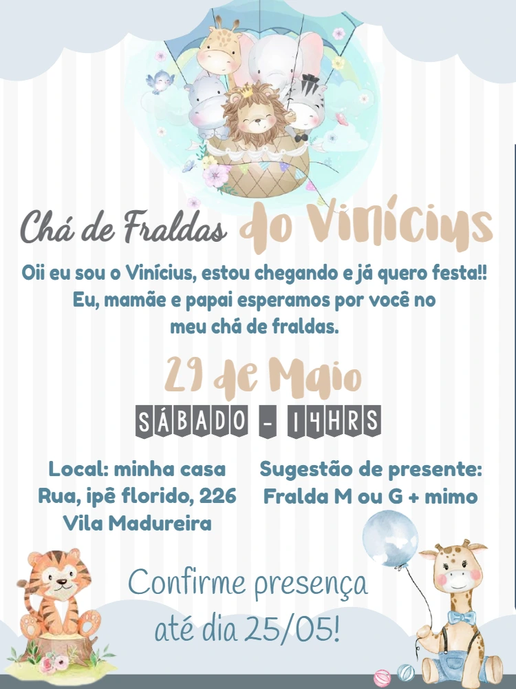 Convite Chá de Bebê Safari com Animais Fofos para Editar Online