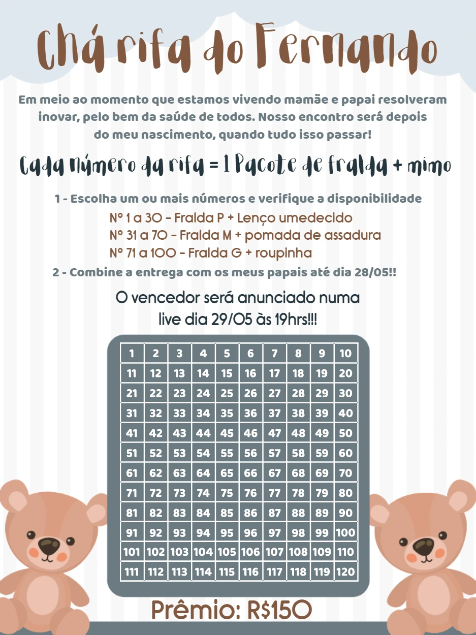 Rifa Chá de Bebê Ursinho Fofo para Editar Online e Enviar
