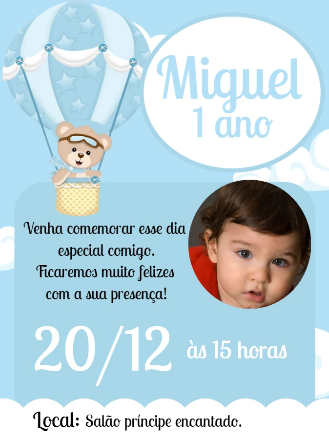 Convite Aniversário Ursinho Baloeiro com Foto para Editar Online