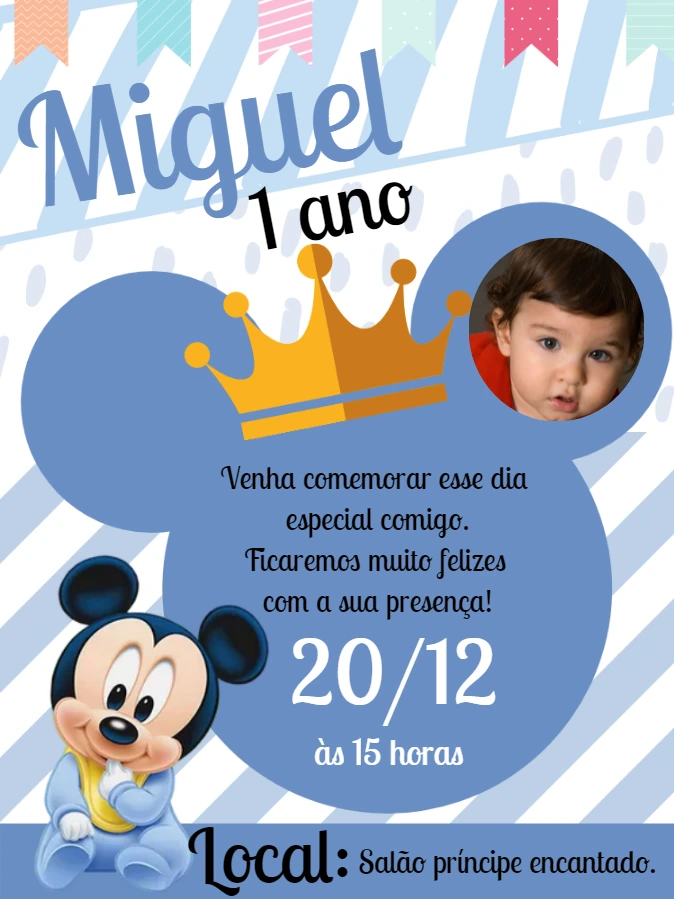 Convite de Aniversário Mickey Baby com Foto para Editar
