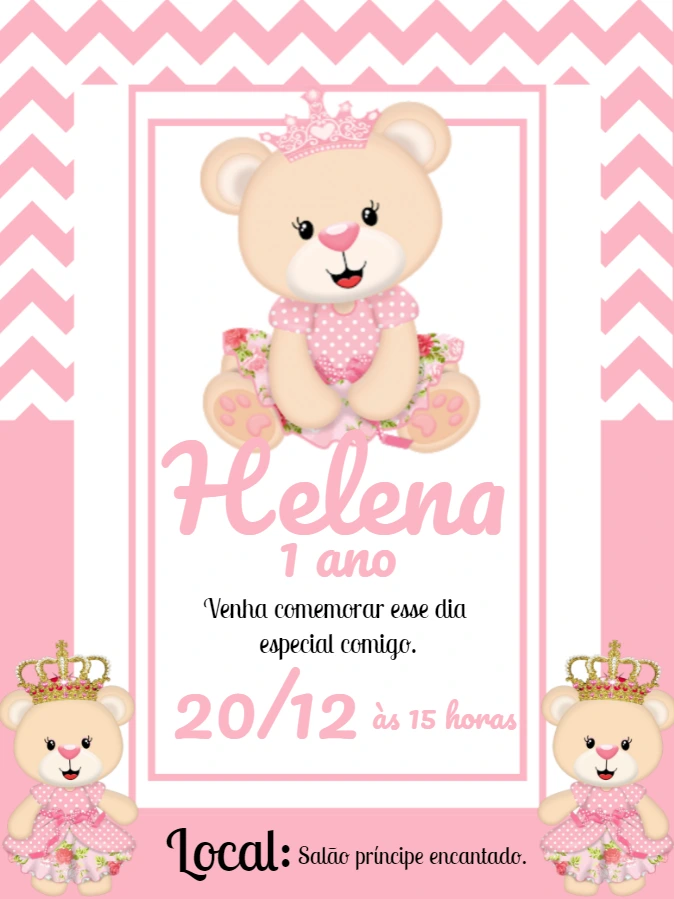 Convite Aniversário Ursinha Princesa para Editar Online