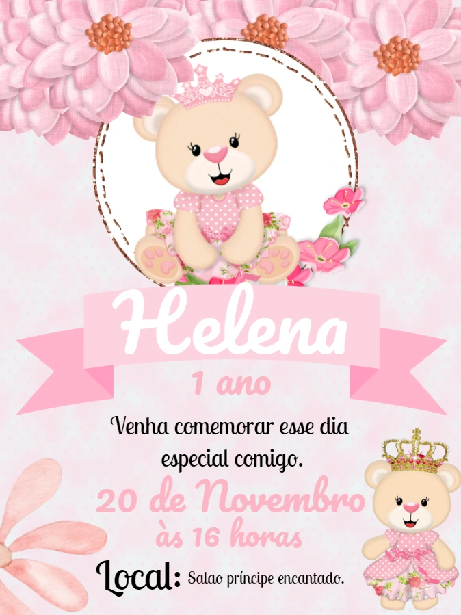 Convite Aniversário Ursinha Princesa Rosa para Editar Online