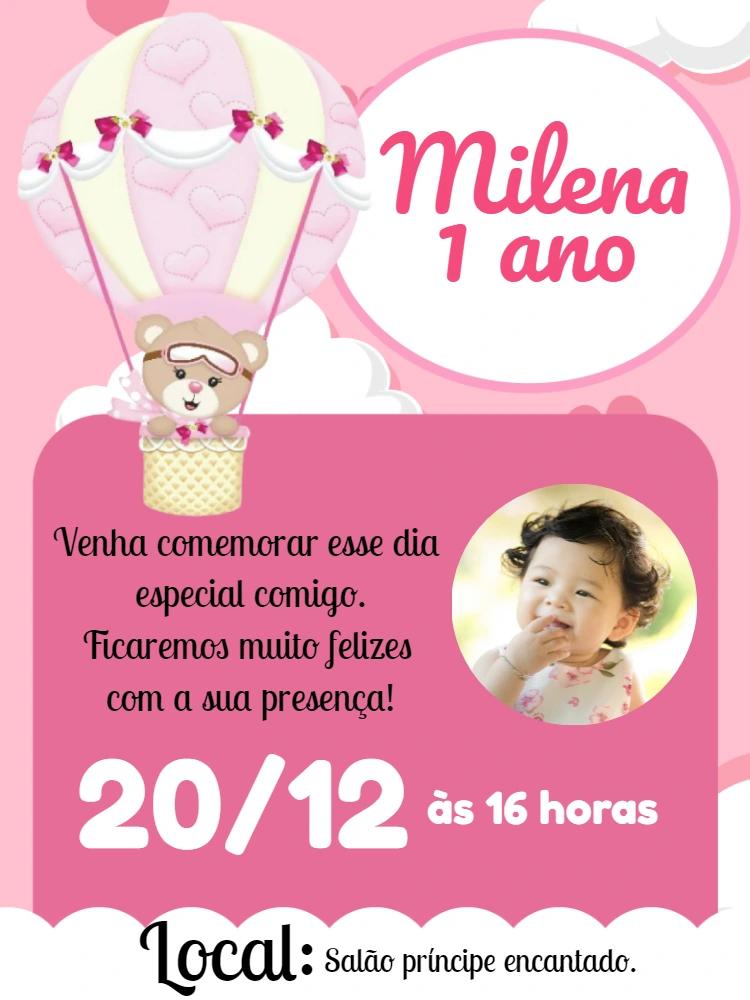 Convite de Aniversário Ursinha no Balão com Foto para Editar