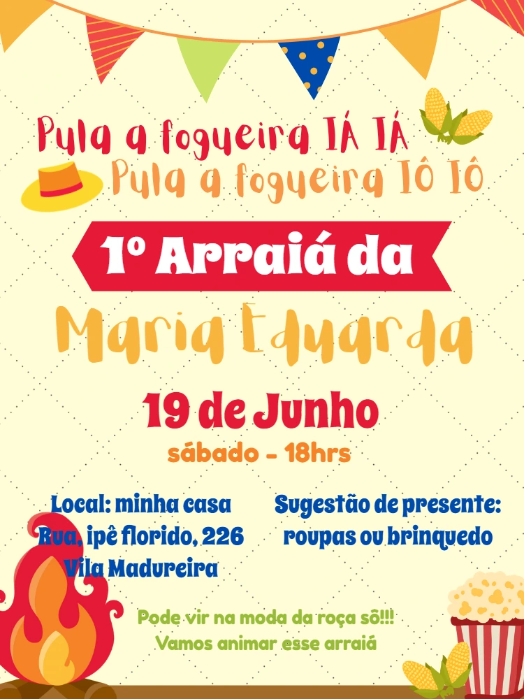 Convite Aniversário Festa Junina Arraiá para Editar Online